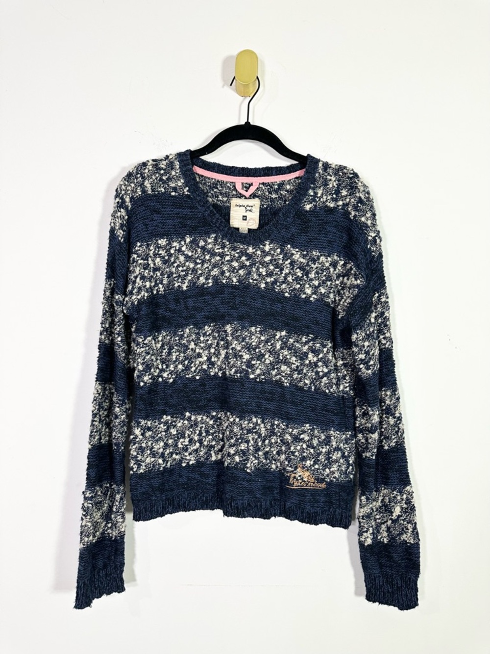 Triple Five Soul Marled Blue White Stripe Knit Cotton Wool Crewneck Sweater
